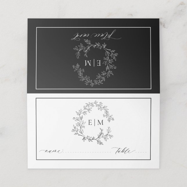 White Black Leafy Crest Monogram Wedding  Place Card (Outside Unfolded)