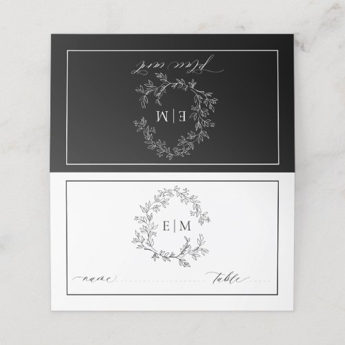 White Black Leafy Crest Monogram Wedding  Place Card