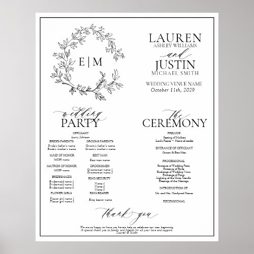 White Black Leafy Crest Monogram Wedding Program Poster