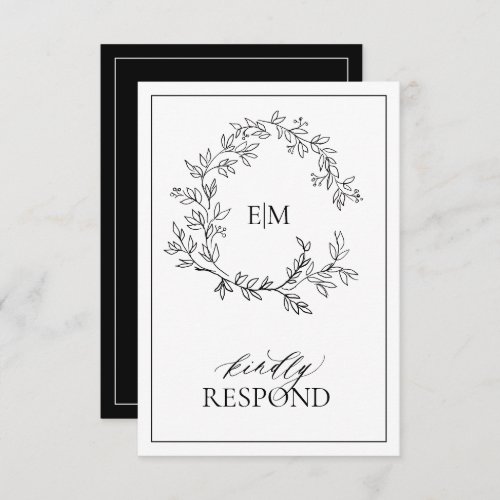 White Black Leafy Crest Monogram Wedding RSVP Card - We're loving this trendy, modern white and black RSVP card! Simple, elegant, and oh-so-pretty, it features a hand drawn leafy wreath encircling a modern wedding monogram. It is personalized in elegant typography, and accented with hand-lettered calligraphy. Finally, it is trimmed in a delicate frame and the back of the card allows guests to indicate their intention to attend and entree selection.To remove meal choices, we have create a how-to video for you here: https://youtu.be/ZGpeldQgxoE  Veiw suite here: 
https://www.zazzle.com/collections/black_white_leafy_crest_monogram_wedding-119655862125661501 Contact designer for matching products to complete the suite, OR for color variations of this design. Thank you sooo much for supporting our small business, we really appreciate it! 
