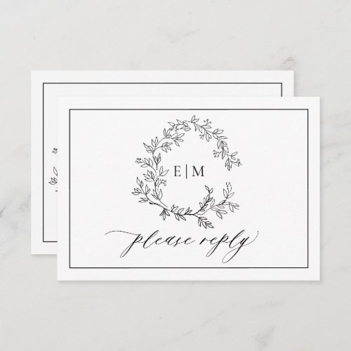 White Black Leafy Crest Monogram Wedding RSVP Card