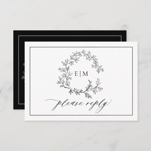 White Black Leafy Crest Monogram Wedding RSVP Card