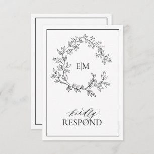 White Black Leafy Crest Monogram Wedding RSVP Card