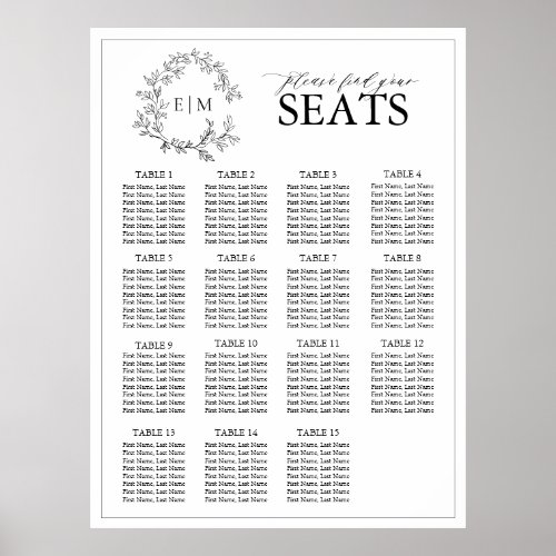 White Black Leafy Crest Monogram Wedding Seating Poster