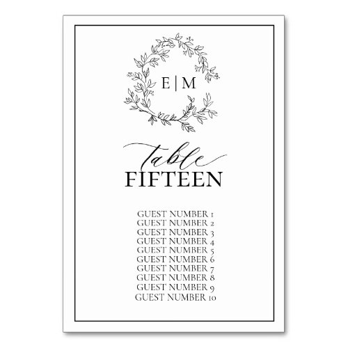 White Black Leafy Crest Monogram Wedding Table Number