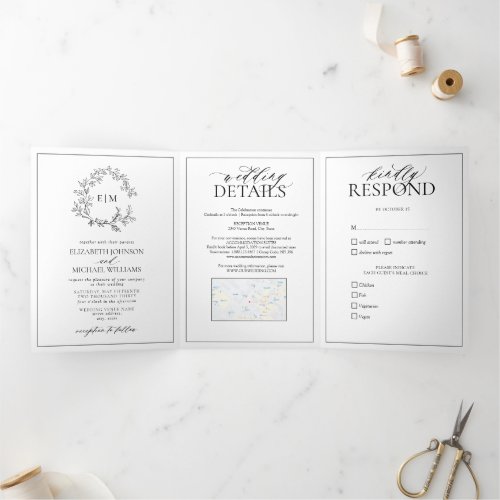 White Black Leafy Crest Monogram Wedding Tri-Fold Invitation - We're loving this trendy, modern white and black Trifold invitation simple, elegant, and oh-so-pretty, it features a hand drawn leafy wreath encircling a modern wedding monogram. It is personalized in elegant typography, and accented with hand-lettered calligraphy. Finally, it is trimmed in a delicate frame. To remove meal choices in the RSVP section, we have created a how-to video for you here: https://youtu.be/ZGpeldQgxoE. A Wedding Details contains extra details like, driving directions, reception information, hotel information, etc. This can also include your wedding website including provision for a map (via screen capture) has been included, and even your favorite engagement photo on the back! Veiw suite here: 
https://www.zazzle.com/collections/black_white_leafy_crest_monogram_wedding-119655862125661501 Contact designer for matching products to complete the suite, OR for color variations of this design. Thank you sooo much for supporting our small business, we really appreciate it! 
We are so happy you love this design as much as we do, and would love to invite
you to be part of our new private Facebook group Wedding Planning Tips for Busy Brides. 
Join to receive the latest on sales, new releases and more! 
https://www.facebook.com/groups/622298402544171  
Copyright Anastasia Surridge for Elegant Invites, all rights reserved.