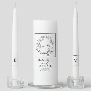White Black Leafy Crest Monogram Wedding Unity Candle Set
