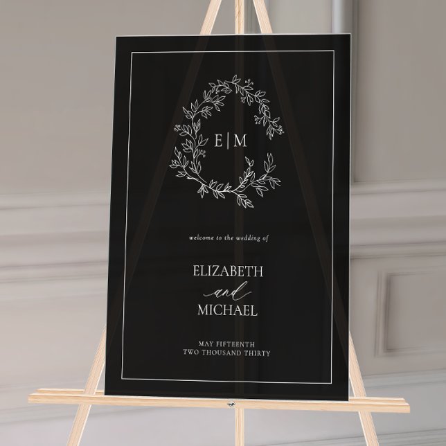 White Black Leafy Crest Monogram Welcome Wedding Acrylic Sign (Wedding Welcome Sign!)