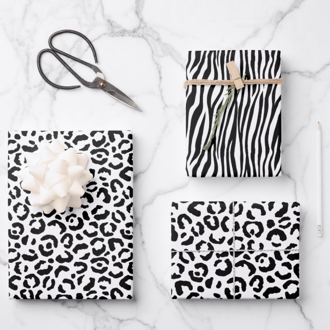White Black Leopard Zebra Animal Print Wrapping Paper Sheets (Front)