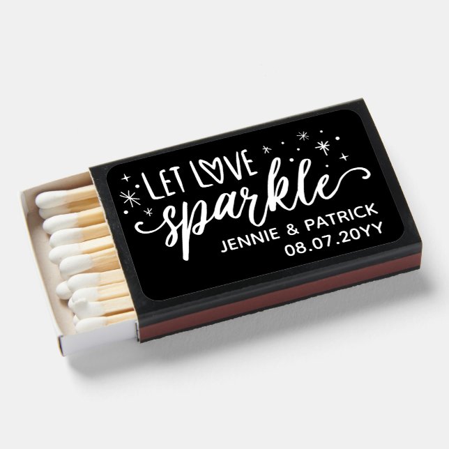 White & Black Let Love Sparkle Wedding Matchboxes (Front Open)