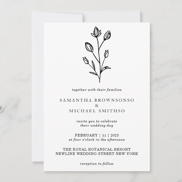 White Black Lettering Flower Bouquet Botanical Invitation
