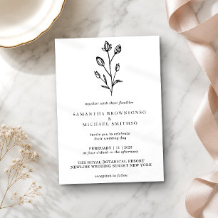 White Black Lettering Flower Bouquet Botanical Invitation