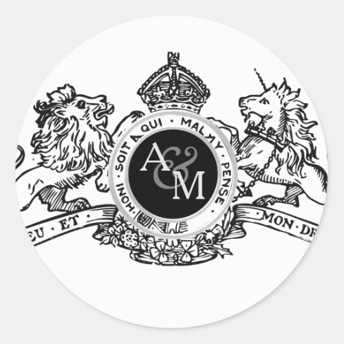 White Black Lion Unicorn Crown Wedding Emblem Classic Round Sticker