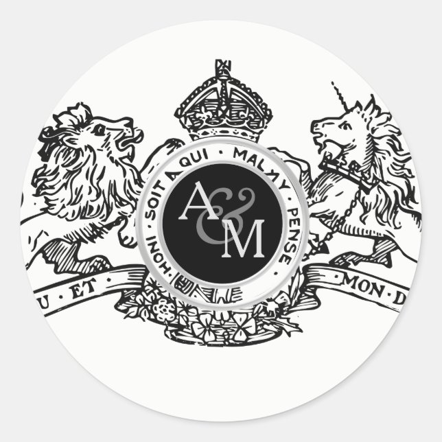 White Black Lion Unicorn Crown Wedding Emblem Classic Round Sticker (Front)