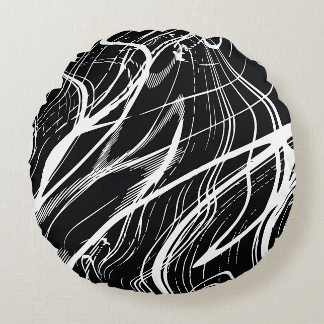 White Black Marble: Abstract Vintage Round Pillow (Front)