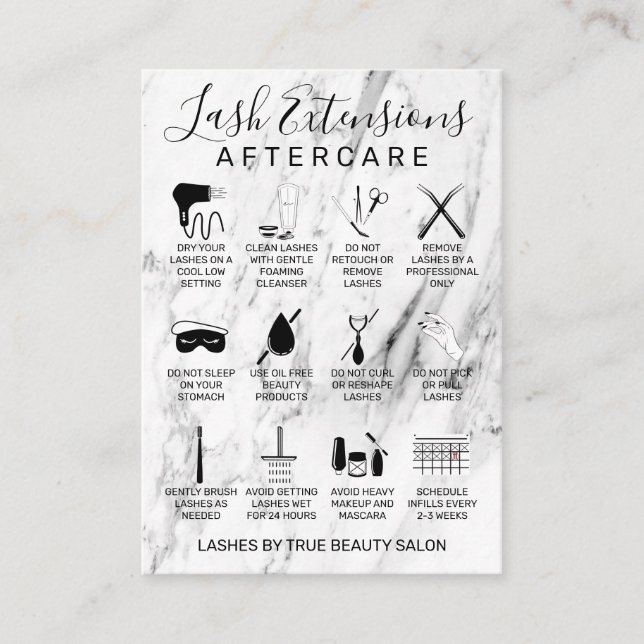 White Black Marble Lash Extensions Aftercare Icon Business Card (Front)