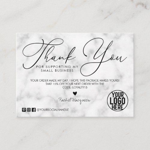 White Black Marble Script Customer Thank You Business Card