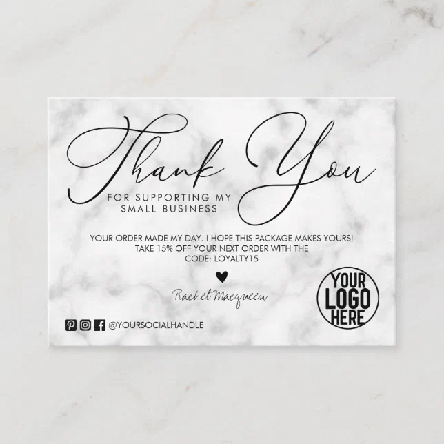 White Black Marble Script Customer Thank You Business Card | Zazzle
