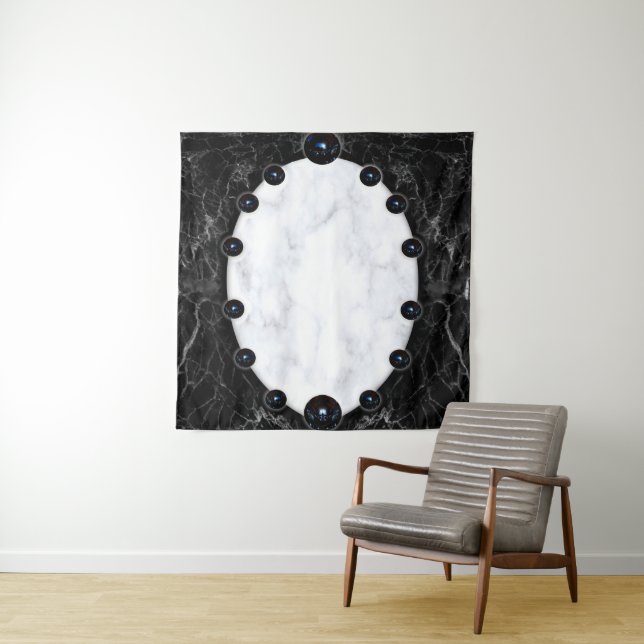 White & Black Marble Sphere Graphics Tapestry (In Situ)