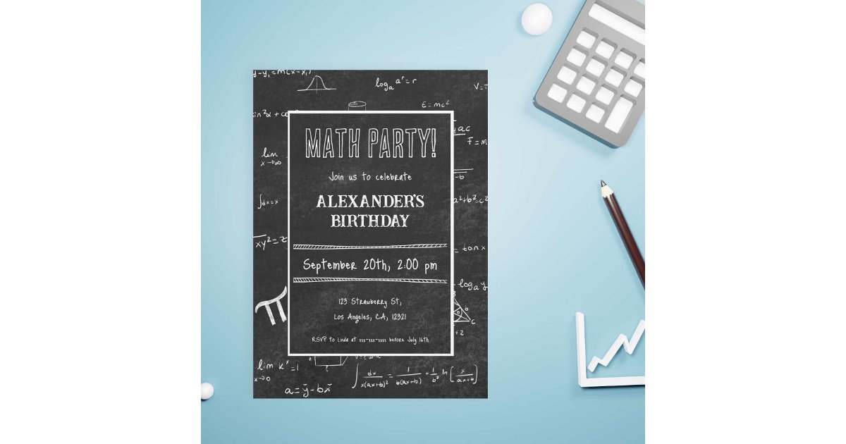 White Black Math Formulas Chalkboard Birthday Invitation | Zazzle