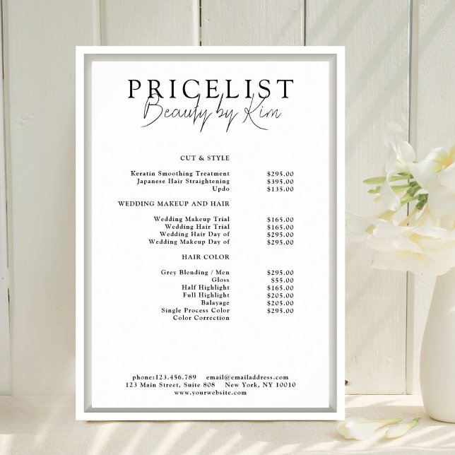 White & Black Minimal Elegant Salon Price List Poster (Personalized White & Black Minimal Elegant, Salon Price List Poster)