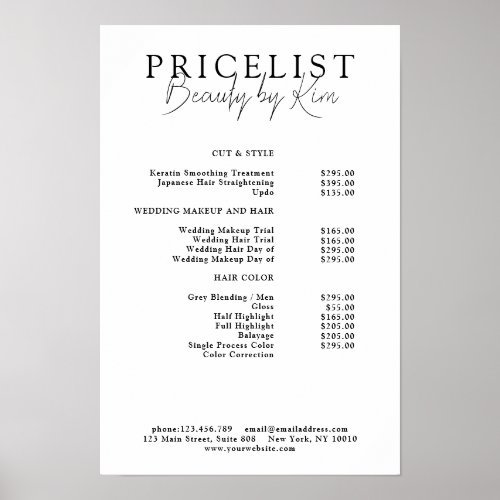 White & Black Minimal Elegant Salon Price List Poster