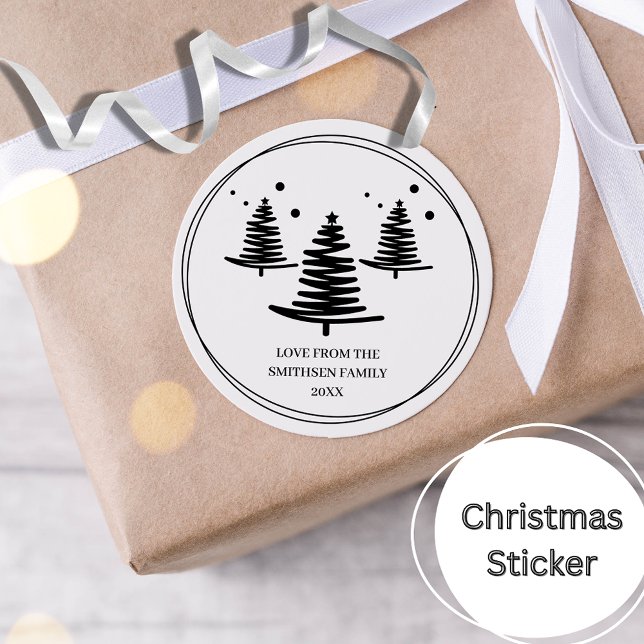 White Black Minimalist Christmas Trees Classic Round Sticker (Creator Uploaded)