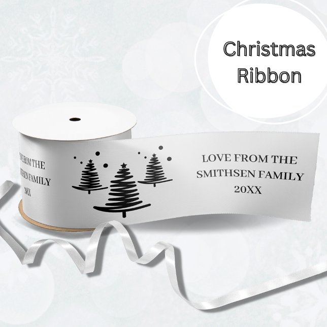 White Black Minimalist Christmas Trees Satin Ribbon (Creator Uploaded)