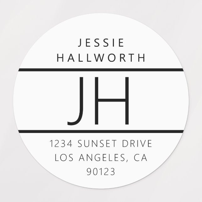 White & Black Modern Monogrammed Waterproof Labels (Design 1)