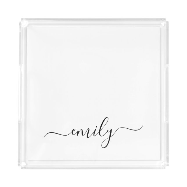 White Black Modern Script Monogram Name Acrylic Tray (Front)