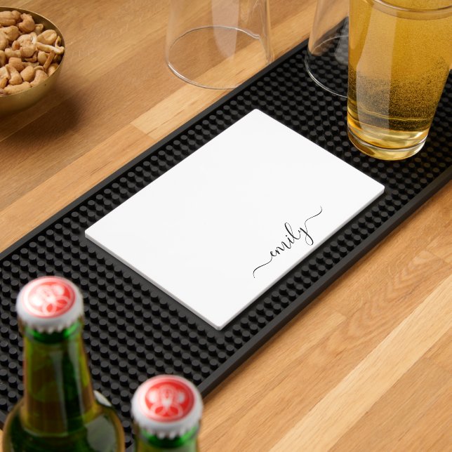 White Black Modern Script Monogram Name Bar Mat (Insitu (Bar 2))