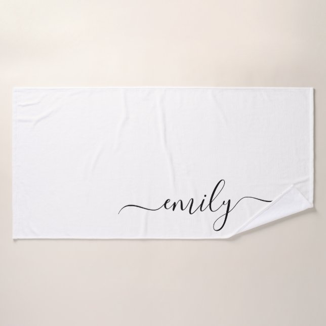 White Black Modern Script Monogram Name Bath Towel (Bath Towel)