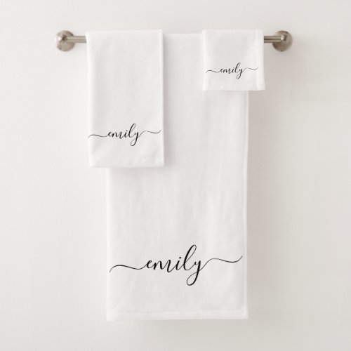 White Black Modern Script Monogram Name Bath Towel Set