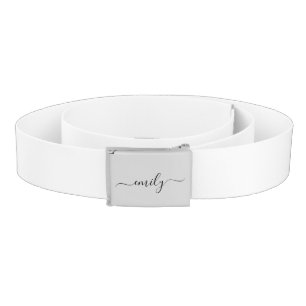 White Black Modern Script Monogram Name Belt