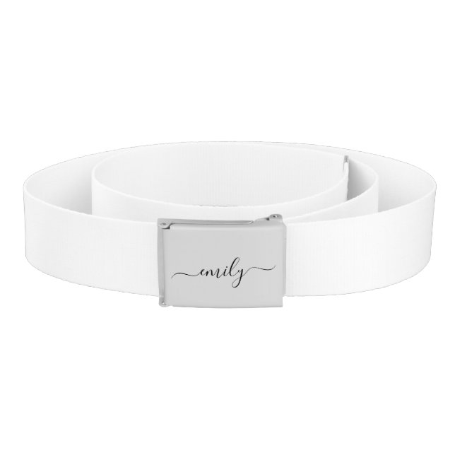 White Black Modern Script Monogram Name Belt (Coil)