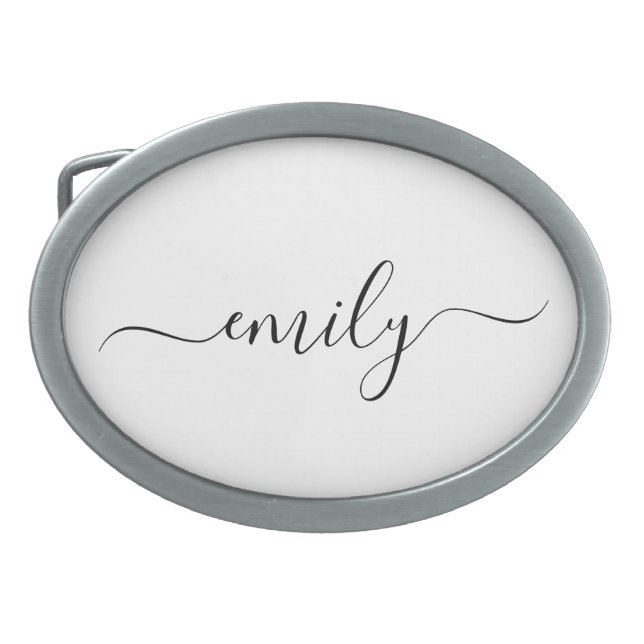 White Black Modern Script Monogram Name Belt Buckle (Front)
