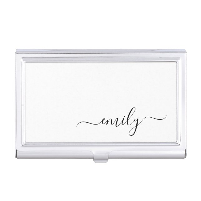 White Black Modern Script Monogram Name Business Card Case (Front)