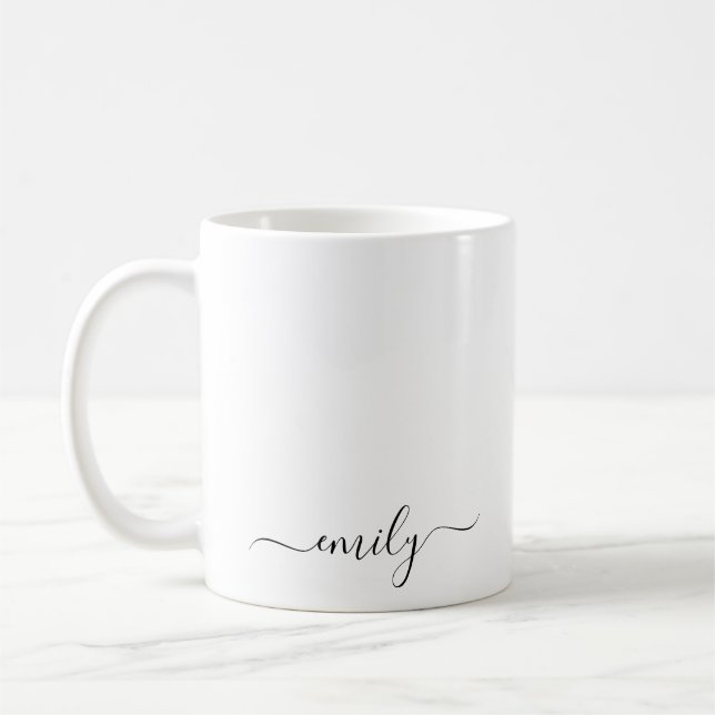 White Black Modern Script Monogram Name Coffee Mug (Left)