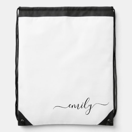 White Black Modern Script Monogram Name Drawstring Bag