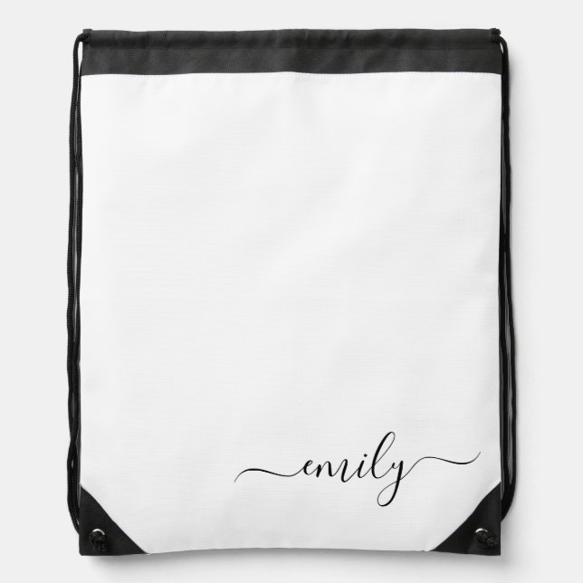 White Black Modern Script Monogram Name Drawstring Bag (Front)