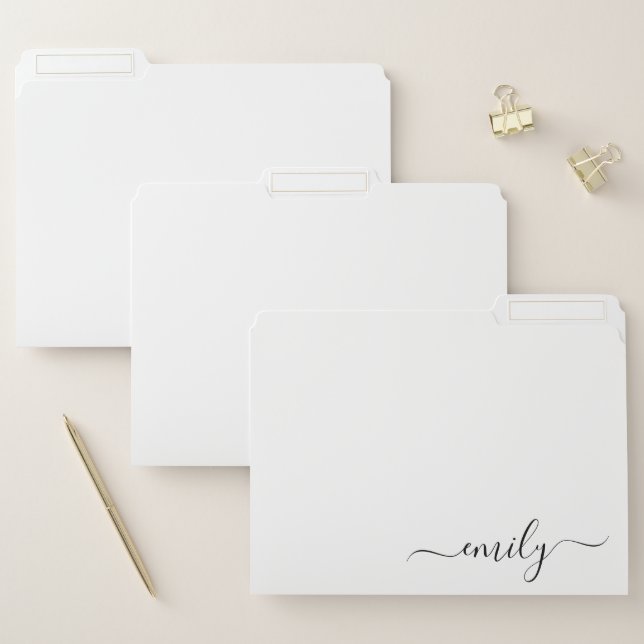 White Black Modern Script Monogram Name File Folder (Set)