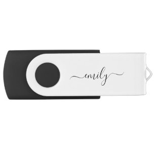 White Black Modern Script Monogram Name Flash Drive
