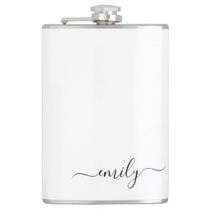 White Black Modern Script Monogram Name Flask