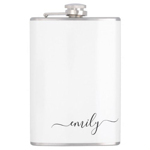 White Black Modern Script Monogram Name Flask