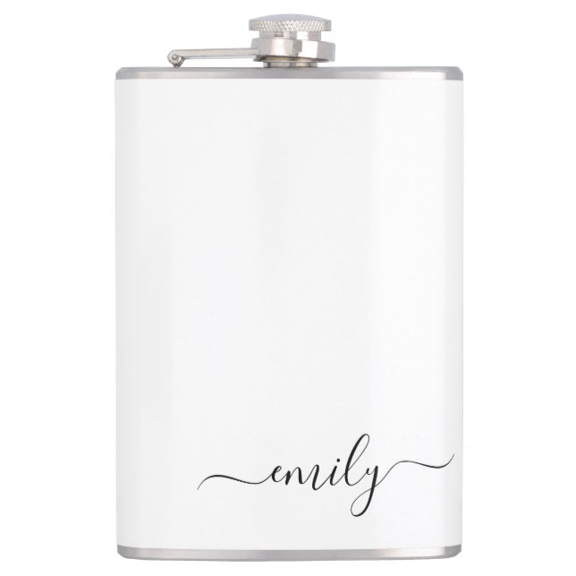 White Black Modern Script Monogram Name Flask (Front)