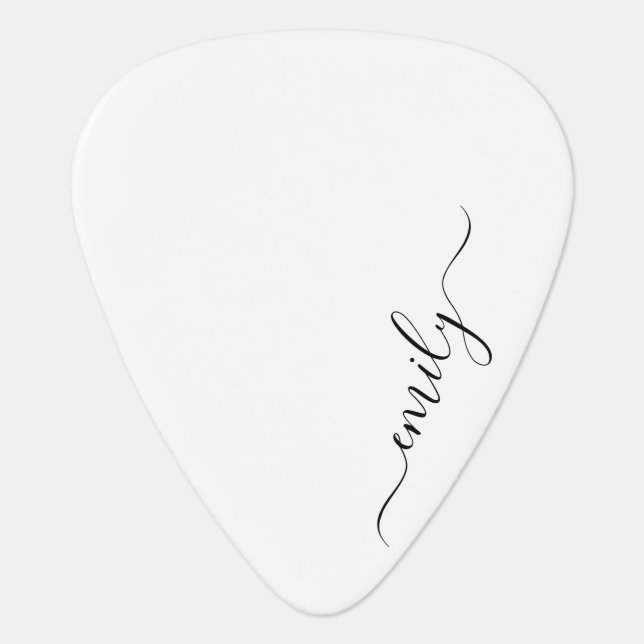 White Black Modern Script Monogram Name Guitar Pick (Front)