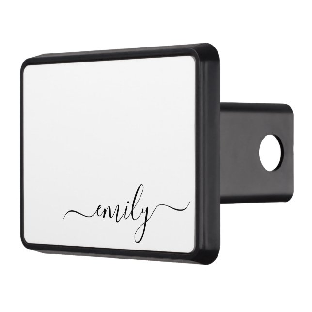 White Black Modern Script Monogram Name Hitch Cover (Left)