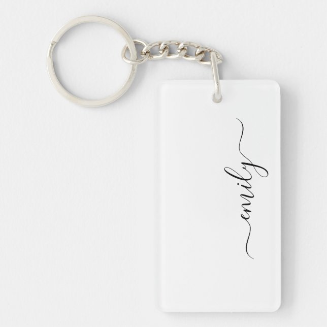 White Black Modern Script Monogram Name Keychain (Front)