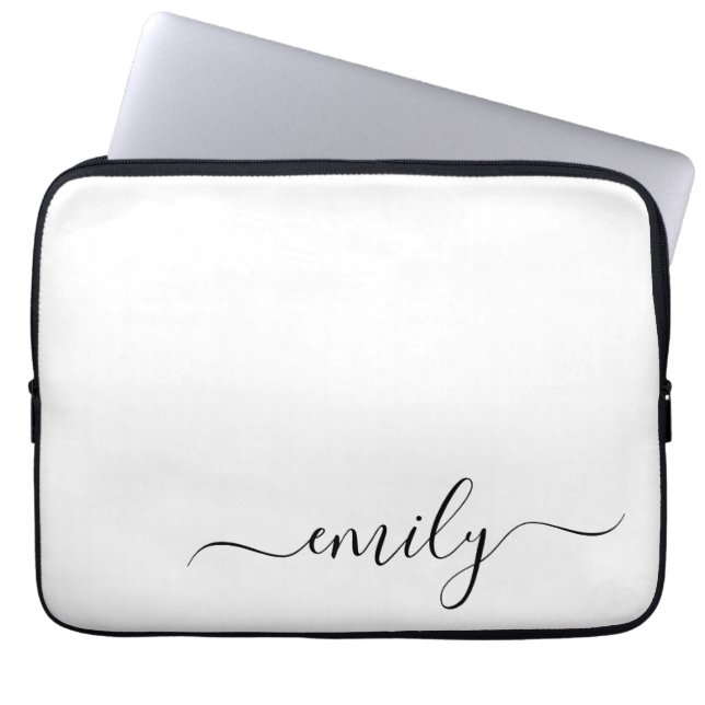 White Black Modern Script Monogram Name Laptop Sleeve (Front)