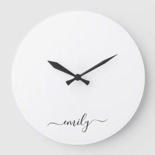 White Black Modern Script Monogram Name Large Clock